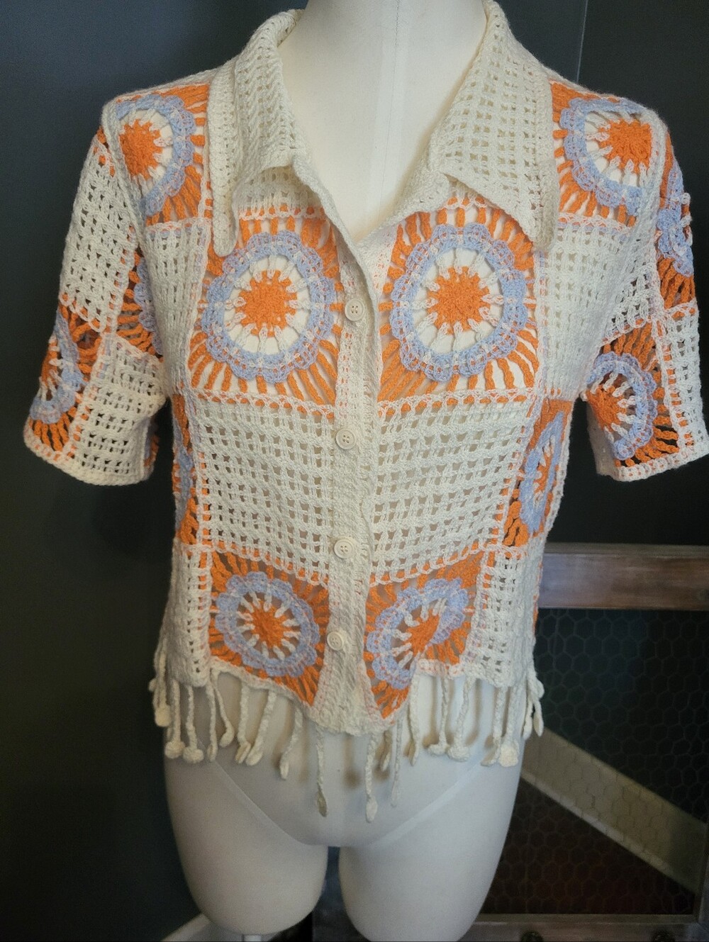G&D Cream Crochet Button-Down Top with Orange and Light Blue Medallions